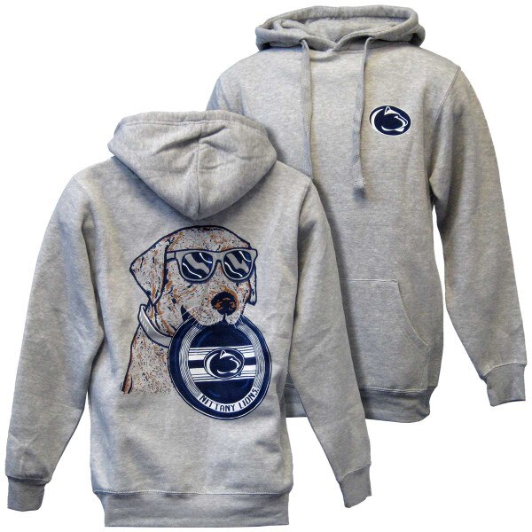 heather gray hooded sweatshirt Penn State Athletic Logo left chest, dog with sunglasses & frisbee on back